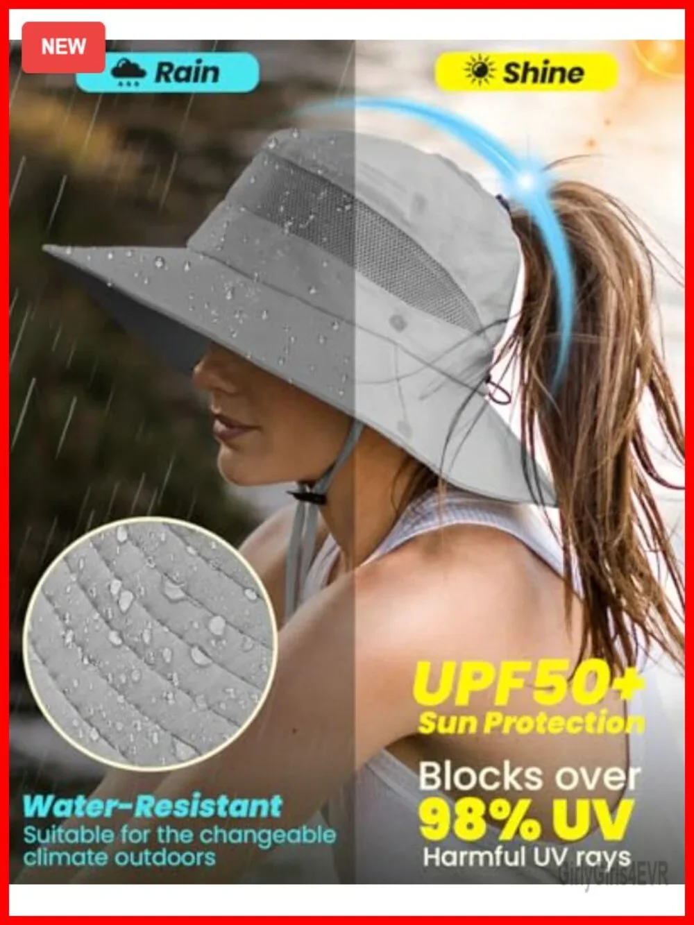 UPF 50+ Waterproof Sun Bucket Hat with Ponytail Hole